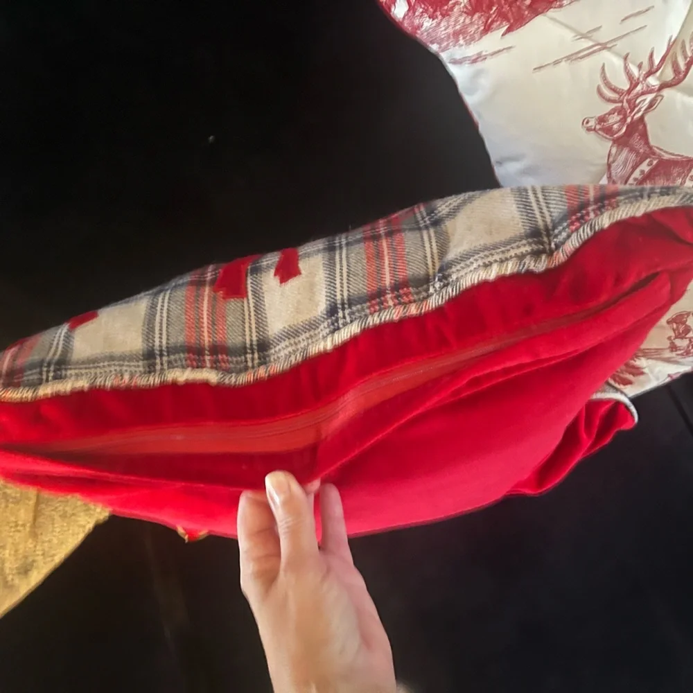 Wool plaid accent holiday red velvet reindeer reversible 20” throw pillow cover